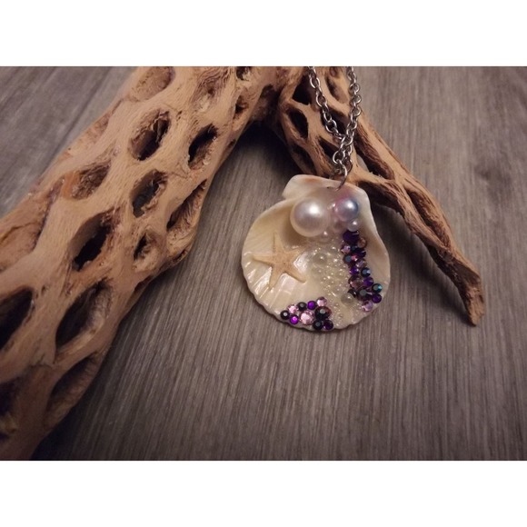 Mermaid Bubble Ariel Real Starfish faux jewels pearls seashell necklace ooak #86 - Picture 1 of 8